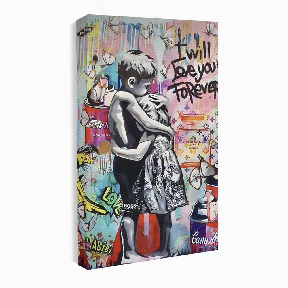 Tablou canvas cu tablou canvas cu doi copii imbratisati, fara rama, pe sasiu de lemn